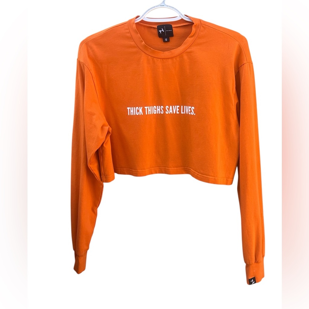 Thick Athletics Crop Top Women XS Orange Graphic‎ Boxy Long Sleeve Cotton Blend